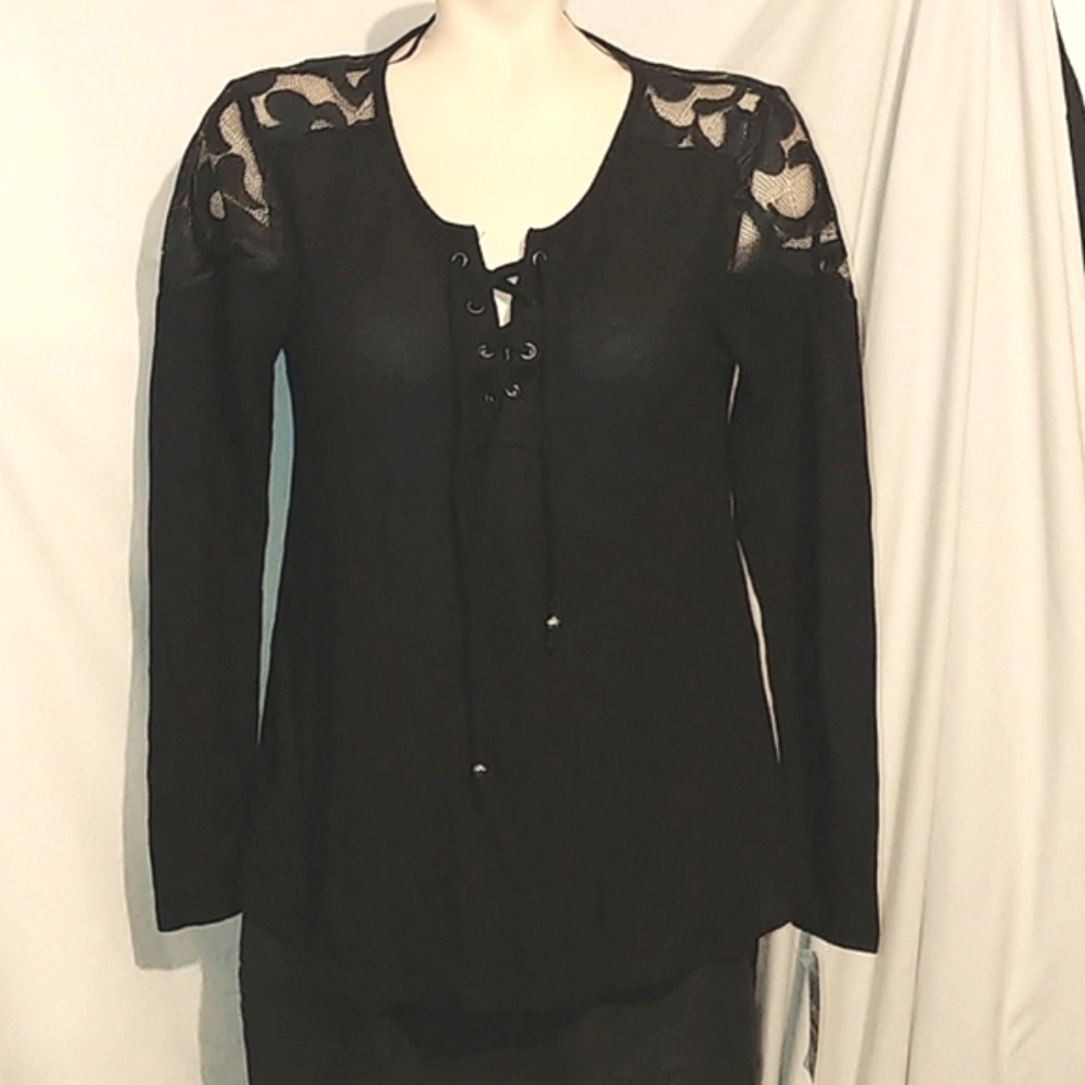 Style And Co lace inlay,tie front waffled top